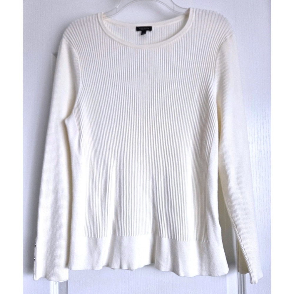 Talbots Ivory Cream Ribbed Long Sleeve Button Cuff Sweater Sz L Minimalist